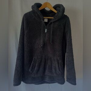 Pink Victorias Secret Sherpa Hoodie, black, 1/4 zip, kangaroo pouch pocket; Lg